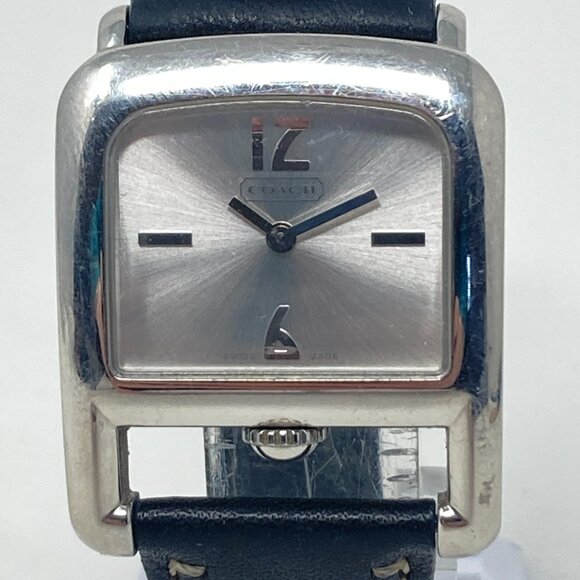 Coach Watch Women 29mm Silver Tone Swiss Made Black Leather New Battery 8.25" - Picture 2 of 15